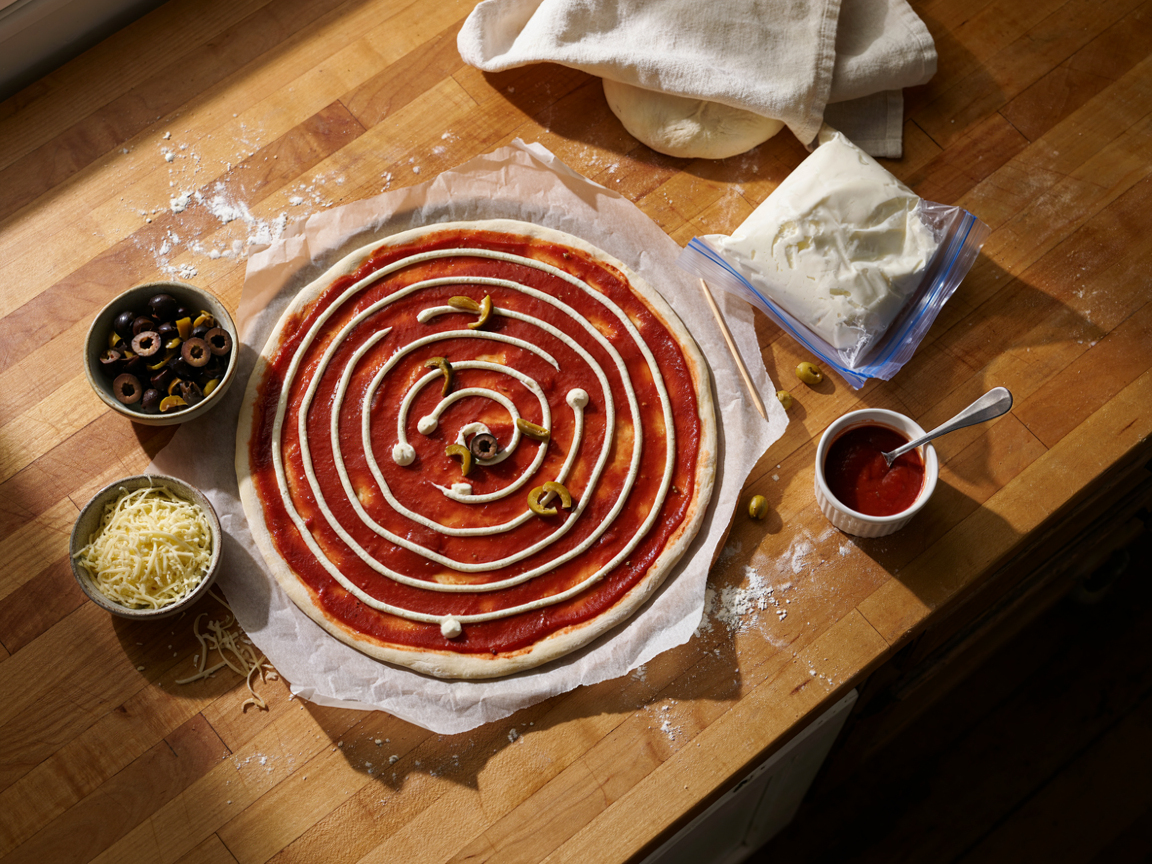 Making spider web pizza on a wooden counter seen from above: a 12-inch pizza round on parchment covered in red tomato sauce, white ricotta piped in rings with lines dragged outward into a web, a zip-top bag of ricotta and a wooden toothpick beside it, a bowl of shredded mozzarella, a small bowl of black olives with some halved and cut into thin legs, a second dough ball, warm kitchen light