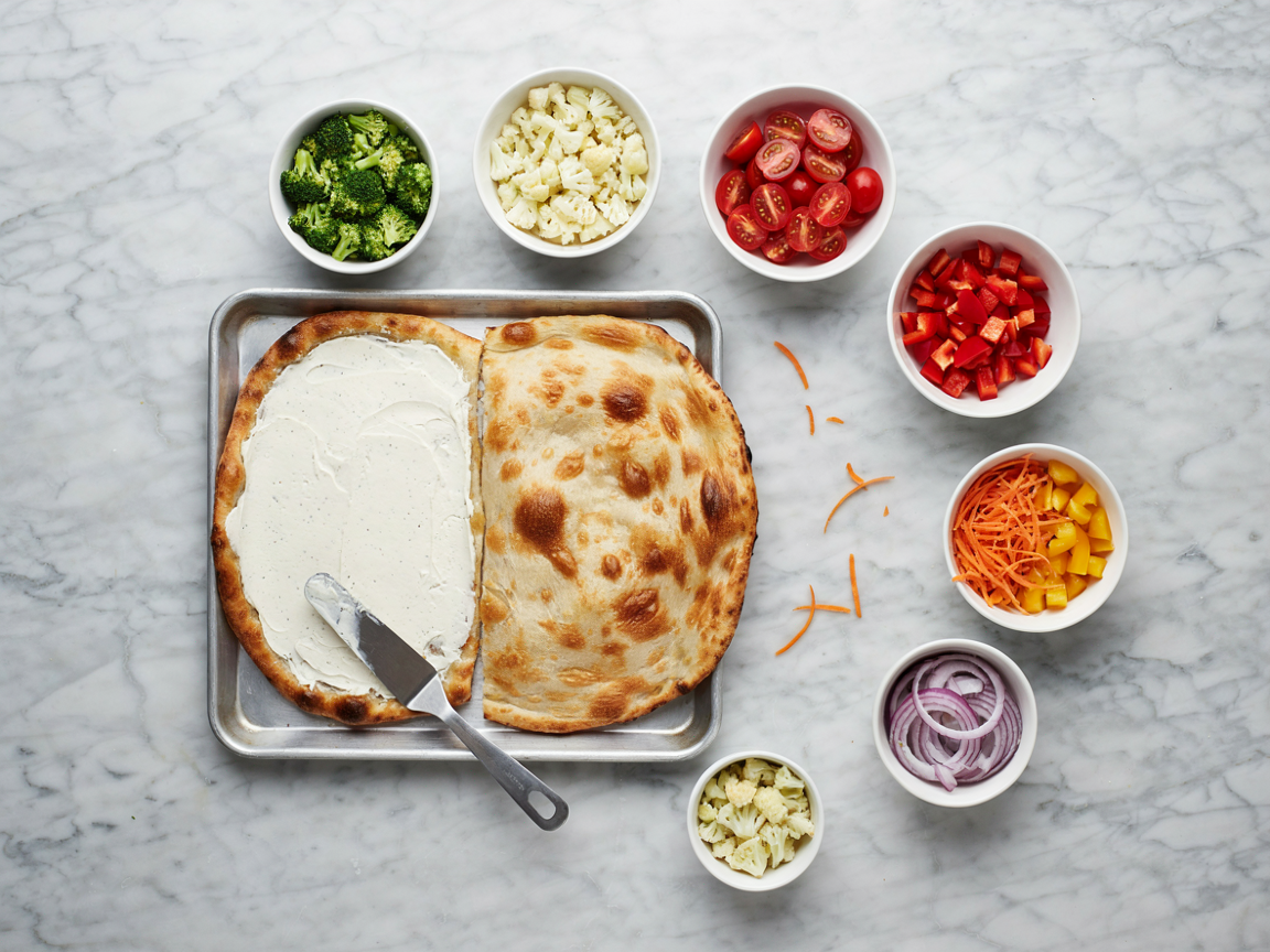 A baked golden crescent crust on a sheet pan half spread with ranch cream cheese, an offset spatula resting on it, small bowls of finely chopped broccoli, cauliflower, tomatoes, red and yellow peppers, shredded carrot and red onion around the pan, warm kitchen light