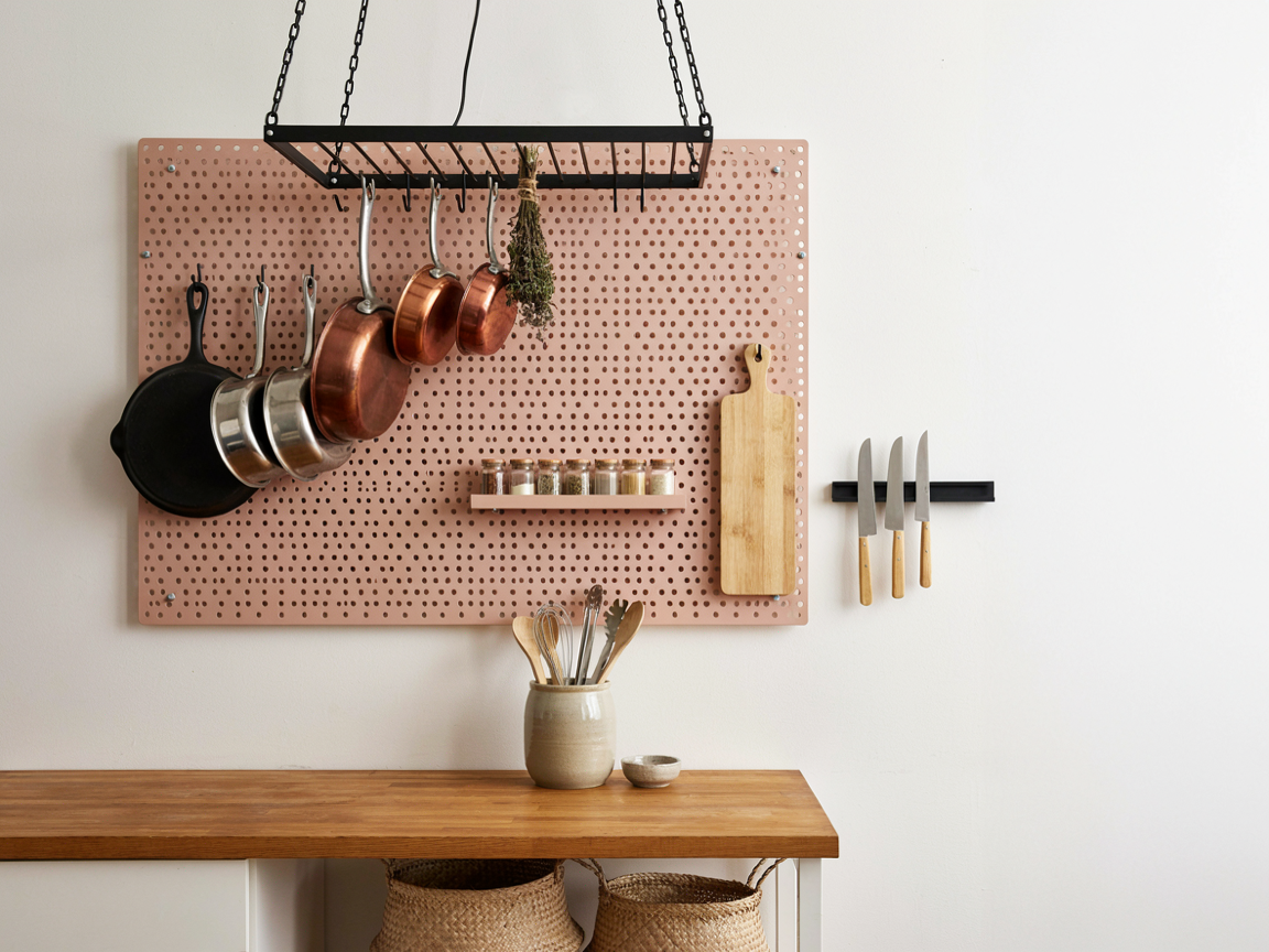 Clay pink pegboard wall holding copper pans, a spice shelf and a cutting board, with a black ceiling pot rack above and a magnetic knife strip beside it over an oak counter