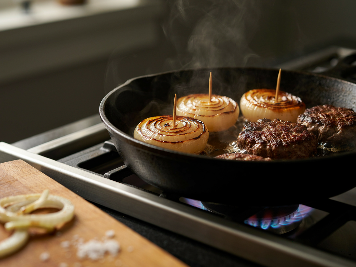 Thick caramelized onion rounds held with toothpicks cooking in a cast iron skillet next to smash burger patties with crispy lacy edges