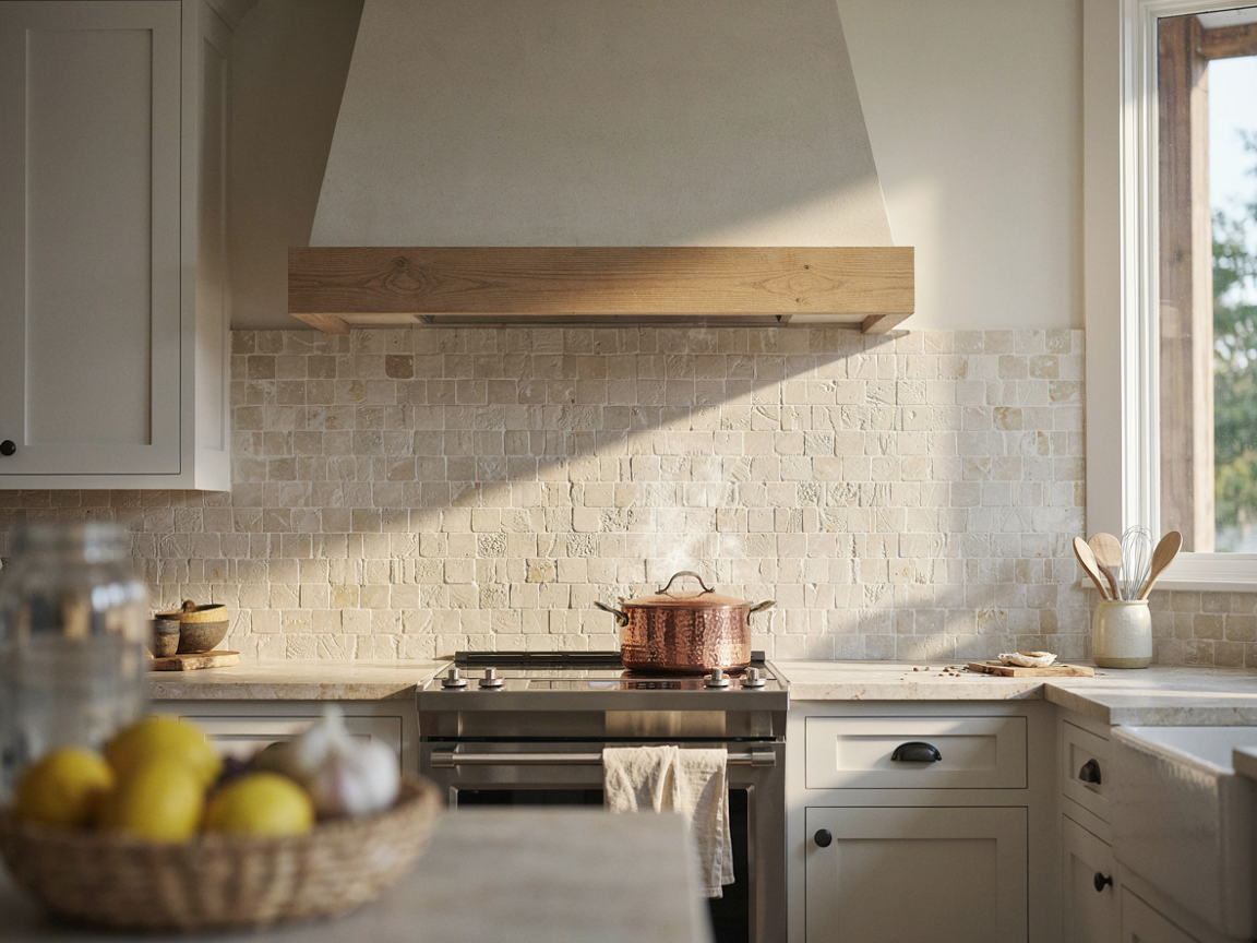 Farmhouse kitchen with a natural white oak wood range hood cover above a stainless range and handmade tile