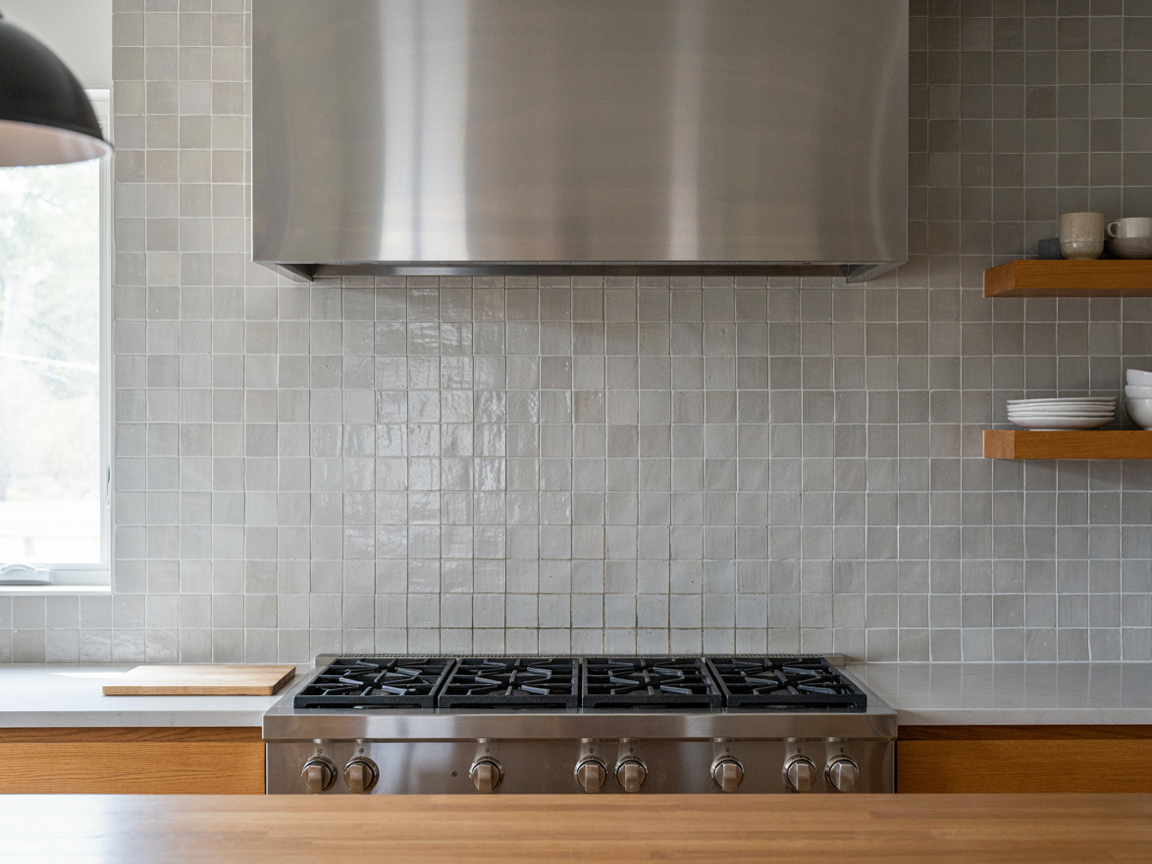Professional-style kitchen with a large stainless steel canopy wall mount range hood over a six-burner gas range