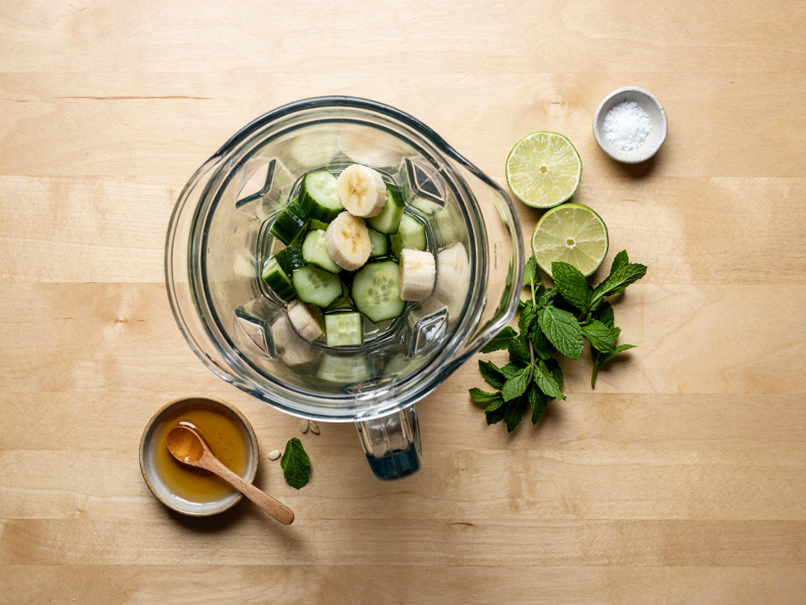A glass blender jug on a light counter from above, chunks of unpeeled cucumber and frozen banana pieces inside with a little water, halved limes, a small bunch of mint, a dish of honey with a spoon and a pinch bowl of salt beside it, bright kitchen light, overhead angle