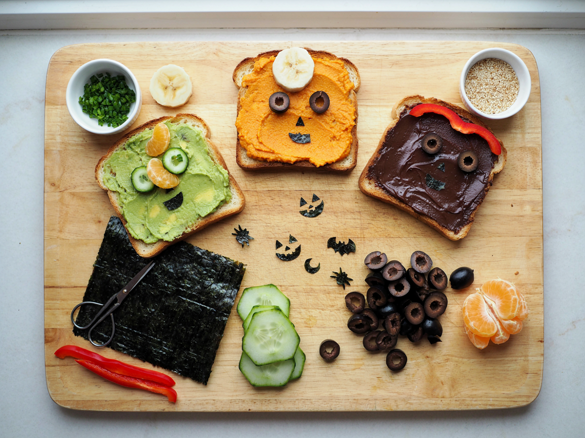 Making Halloween snack toasts on a wooden board, seen from above: slices of toast spread with mashed avocado, orange pumpkin hummus and chocolate spread, a nori sheet with small kitchen scissors, cucumber slices, black olives, a red pepper strip, a halved banana, peeled mandarins and separated segments, small bowls, bright daylight