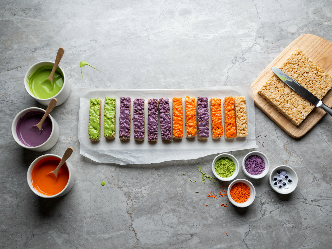 Dipping crispy rice cereal treat bars on a parchment-lined tray seen from above: three narrow mugs of melted lime-green, purple and orange candy coating, freshly dipped bars with glossy tops, small bowls of matching long sprinkles and candy eyes, a cut slab of crispy rice treats on a board with a knife, grey stone counter, bright daylight