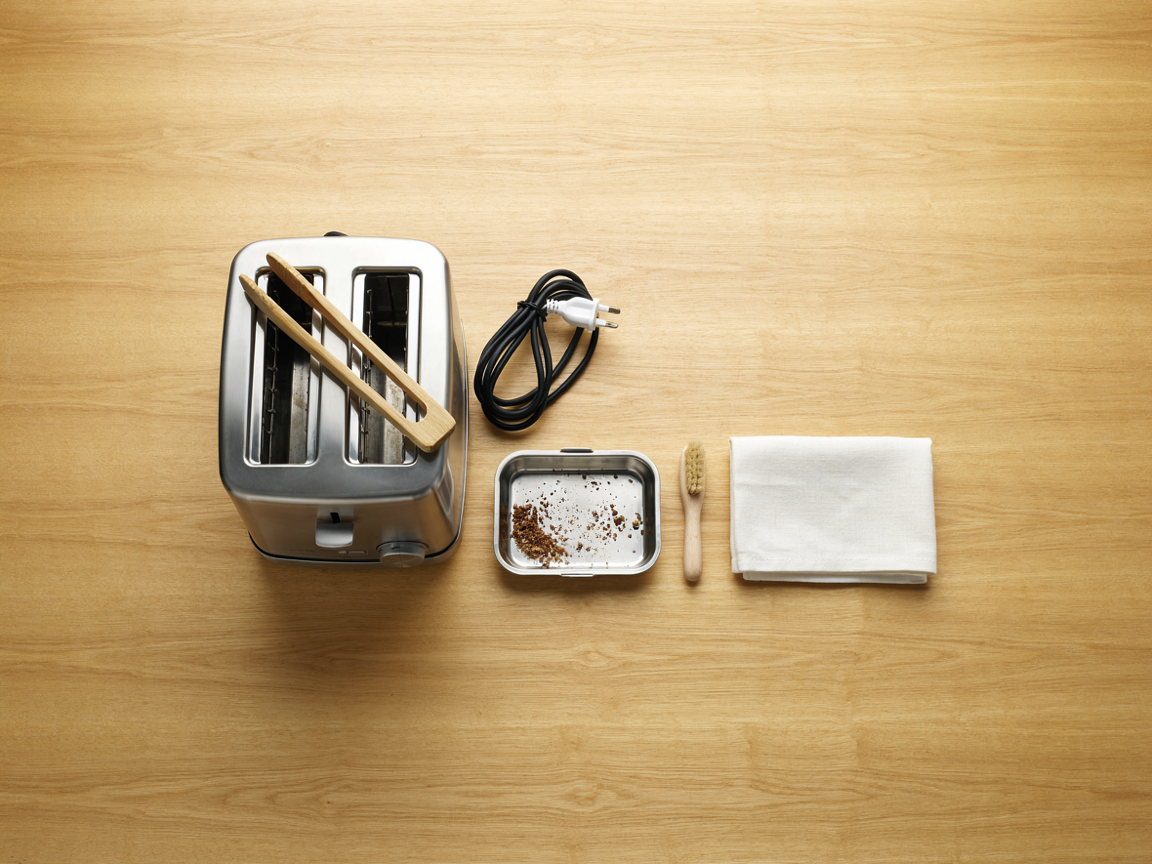 Overhead view of a toaster with bamboo tongs resting on top, the power cord coiled and unplugged, and the crumb tray slid out with crumbs and a small brush beside it