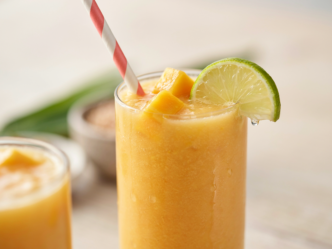 Extreme close-up of a tall glass of thick sunshine-yellow mango pineapple smoothie, condensation beading on the glass, frozen mango cubes dropped in and a lime wedge on the rim, a paper straw, soft tropical light, shallow depth of field