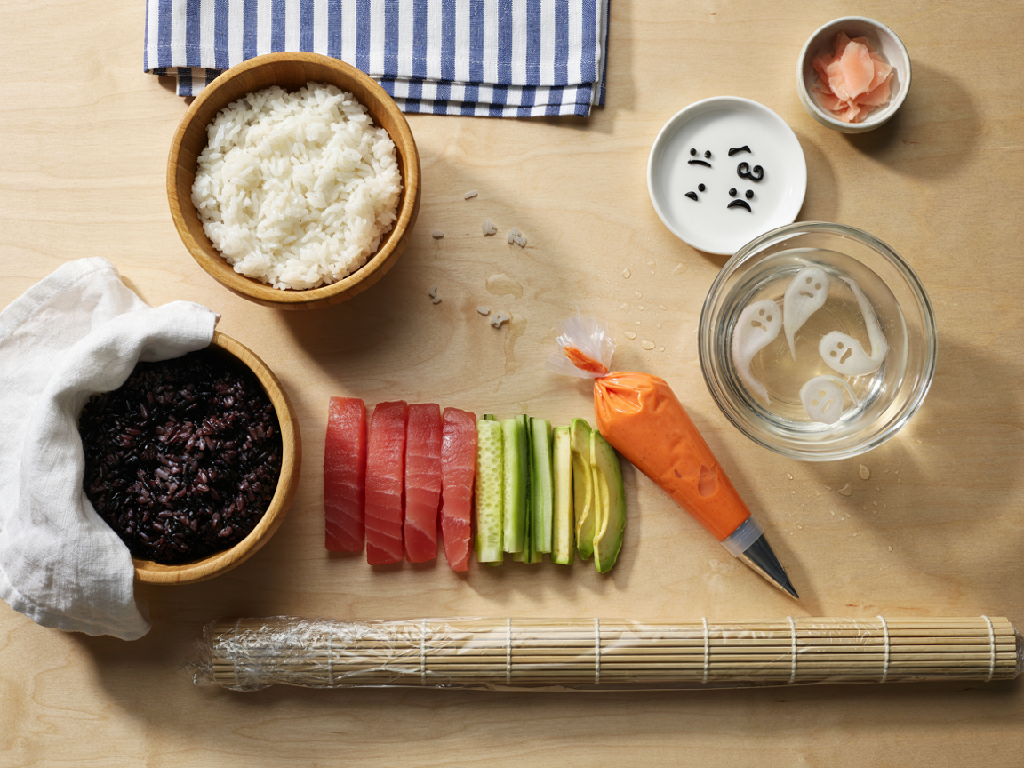 Sushi prep on a light counter from above: a wooden bowl of glossy white seasoned sushi rice and a bowl of jet-black squid ink rice under a damp cloth, a glass bowl of iced water with paper-thin daikon radish ghost cutouts floating in it, small nori eye and mouth cutouts on a plate, a piping bag of orange sriracha mayo, a bamboo rolling mat wrapped in plastic, sliced tuna, cucumber and avocado batons, soft natural light