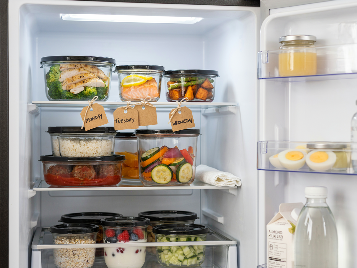 Fridge shelves stacked with glass meal prep containers of chicken, salmon, meatballs, rice and vegetables