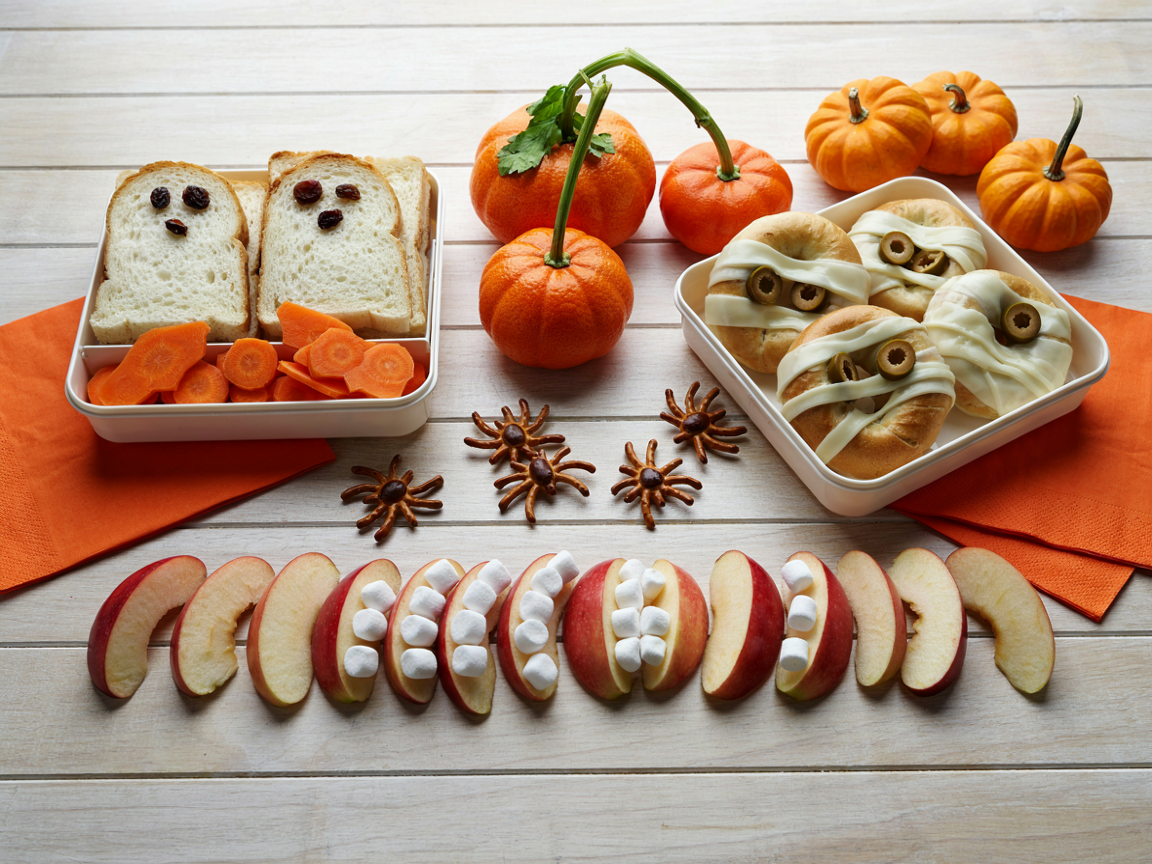 A Halloween lunch spread for kids seen from above: open bento lunchboxes with ghost-shaped sandwiches, clementine pumpkins with celery stems, spider crackers with pretzel legs, mummy pizza bagels and monster mouth apple bites, orange napkins and mini pumpkins on a light wooden table, bright daylight