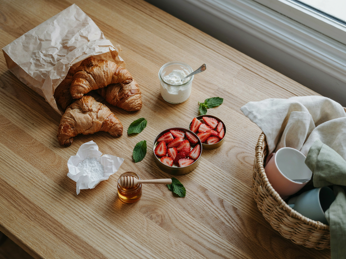 Picnic prep on a light kitchen counter from above: whole butter croissants in an open paper bag, a small glass jar of whipped cream cheese with a spoon, a tin of sliced strawberries, a tiny jar of honey, powdered sugar in a twist of parchment, mint leaves, a wicker basket partly packed with cloth napkins and pastel cups beside it, bright natural light