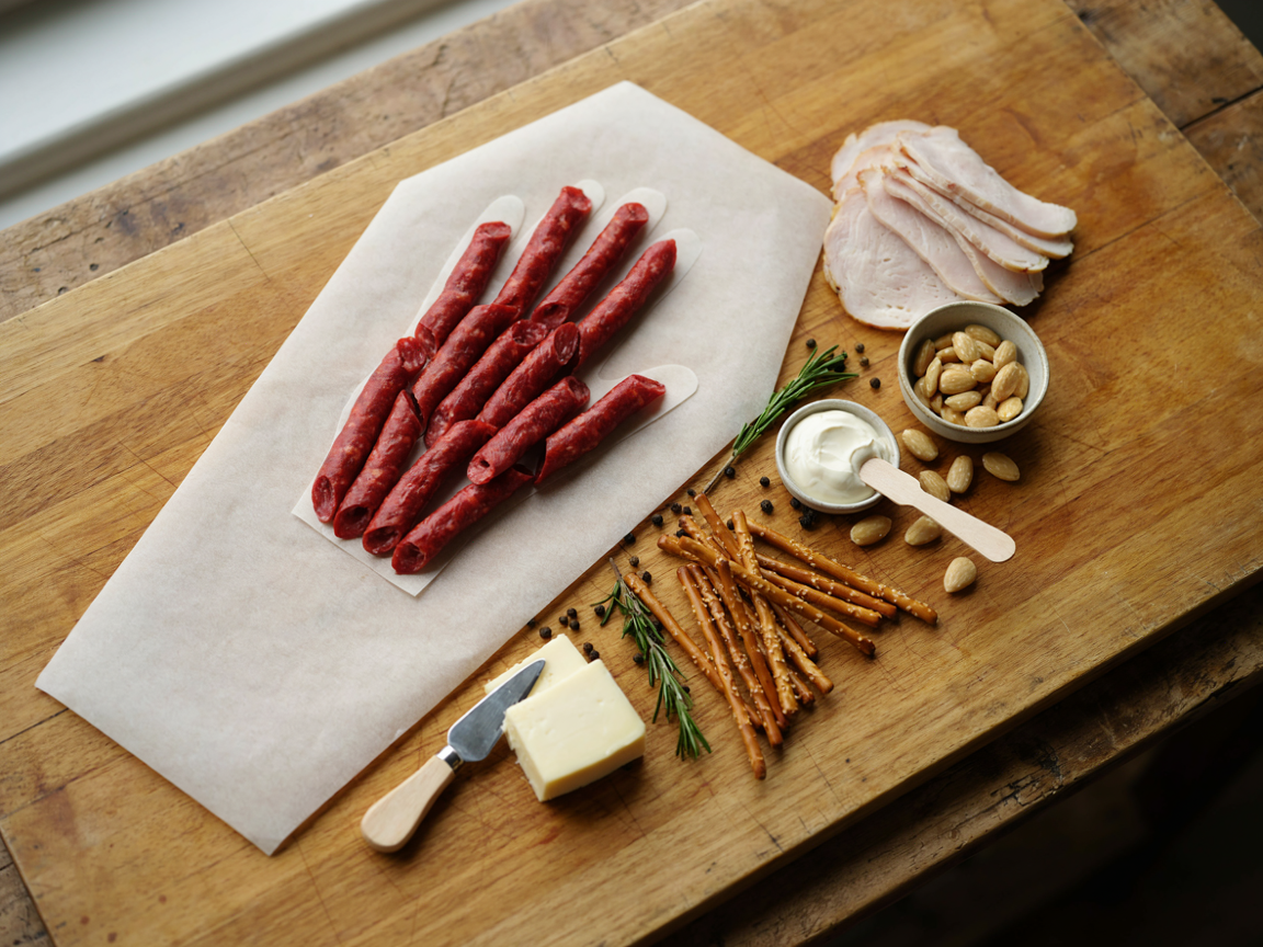 Building a coffin charcuterie board on a large wooden board seen from above: a coffin-shaped piece of parchment, a paper hand template in the middle with the first rolled bresaola slices laid along the fingers, a stack of pale turkey slices cut into strips, a small bowl of blanched almonds, pretzel sticks, a block of white cheddar and a small knife, warm daylight