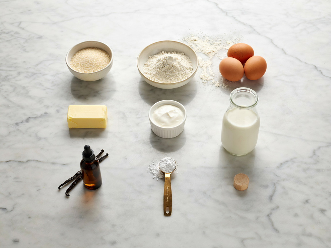 Overhead flat lay of ingredients for sugar free vanilla cake: sugar-free sweetener, flour, eggs, butter, Greek yogurt, milk and vanilla