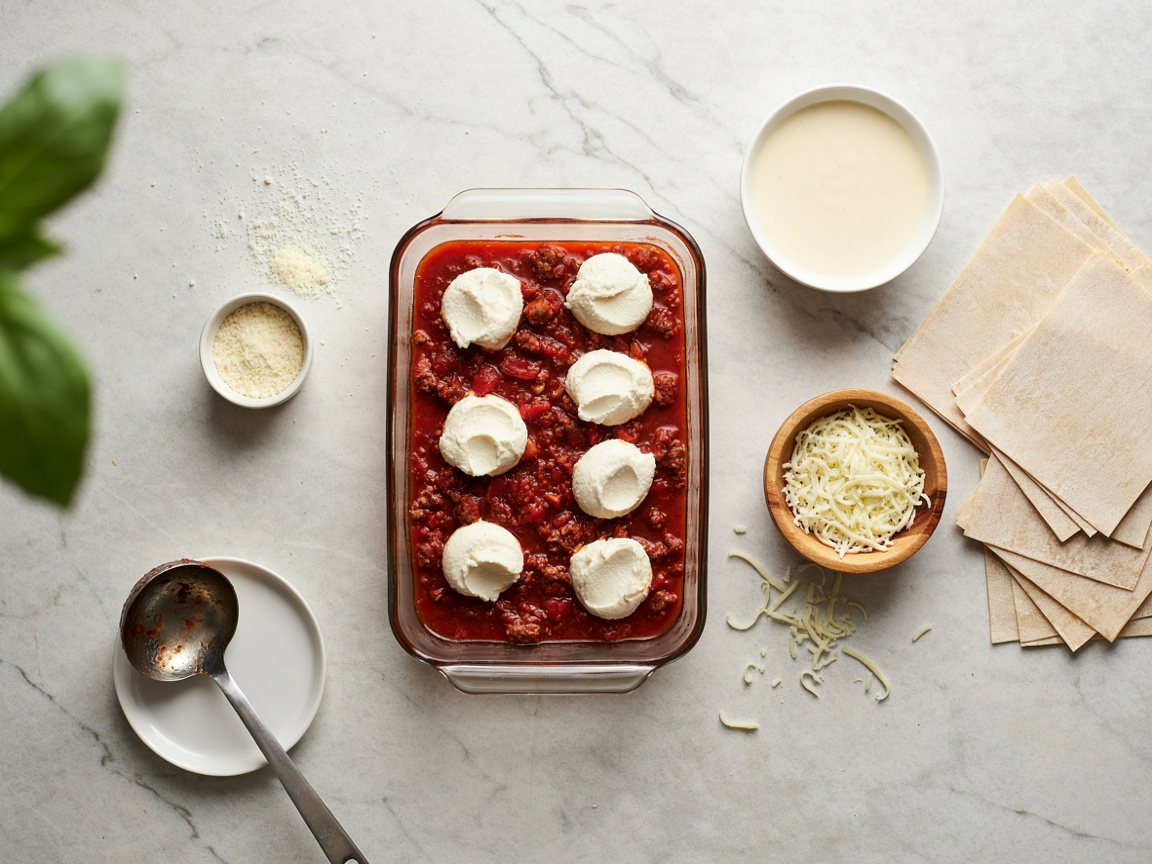 Lasagna being layered in a glass baking dish with bowls of bechamel, ricotta, mozzarella and Parmesan around it