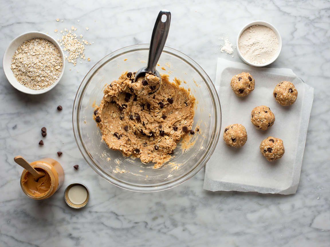 A large glass mixing bowl of thick protein ball dough, rolled oats, peanut butter and mini chocolate chips kneaded together, a metal tablespoon scoop holding a portion of dough, three rolled balls on a parchment-lined tray beside it, a scoop of vanilla protein powder, a jar of peanut butter and a bowl of oats on a marble counter, overhead angle, bright kitchen light