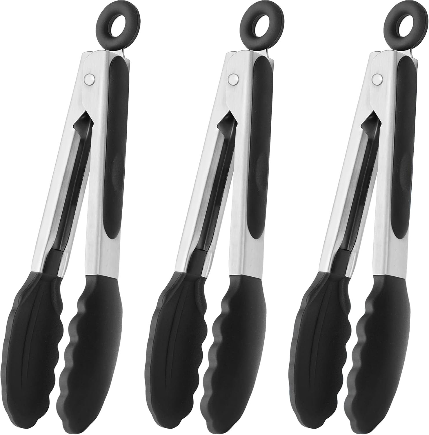 HINMAY set of three black 7 inch mini kitchen tongs with silicone tips