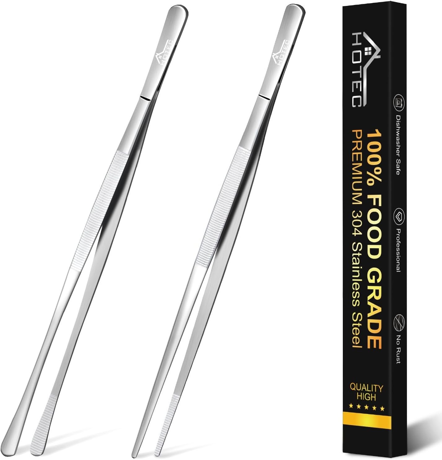 HOTEC two pack of 12 inch stainless steel chef tweezer tongs with pointed and round tips