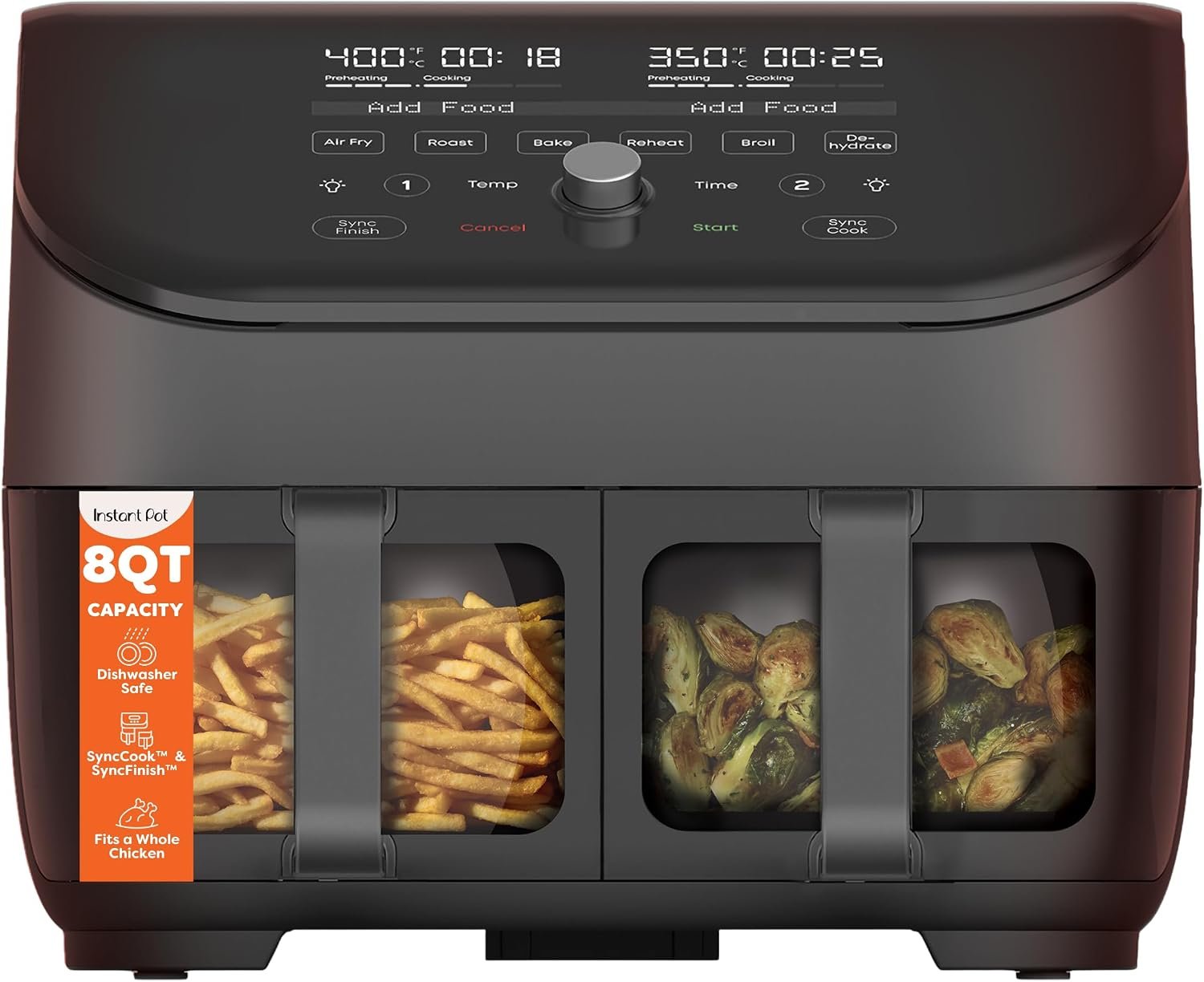Instant Vortex Plus XL ClearCook 8 quart black dual basket air fryer with clear viewing windows
