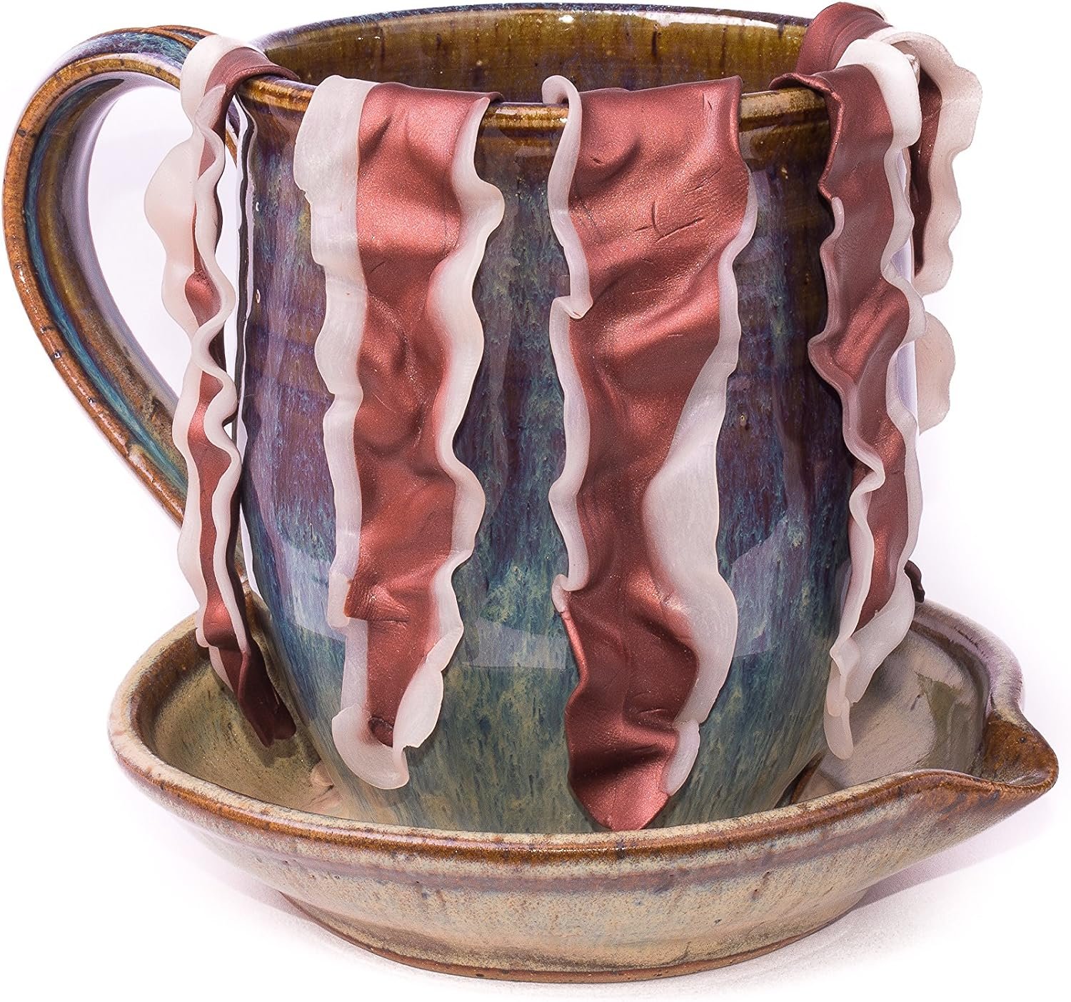 Midnight Sun Pottery beige handmade ceramic bacon cooker mug on a saucer