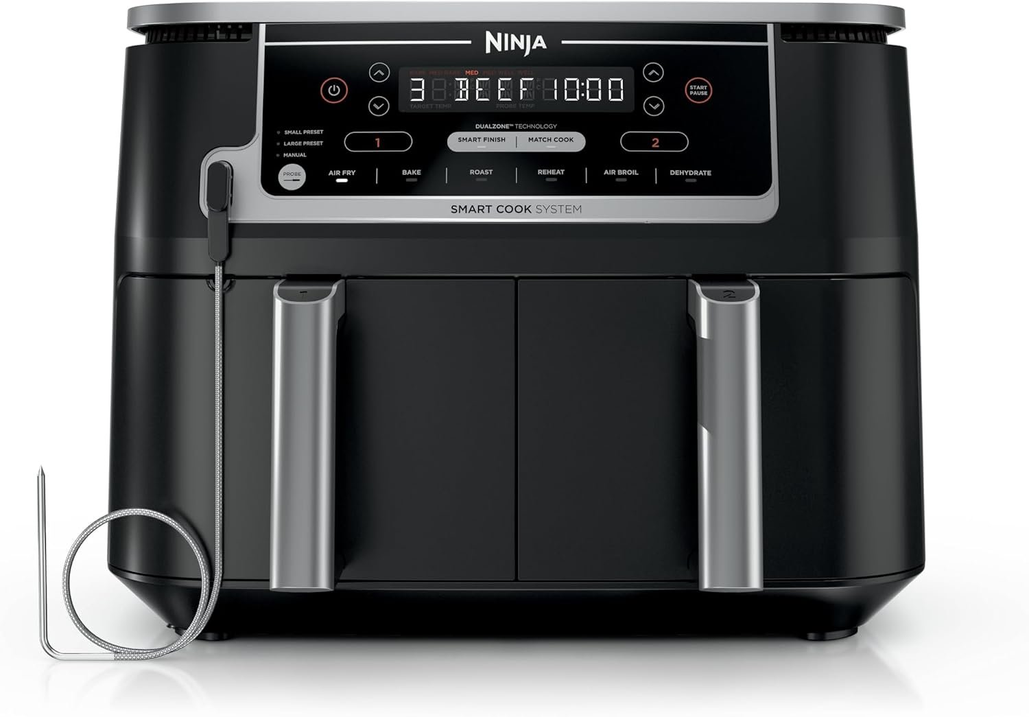 Ninja DZ550 Foodi DualZone Smart XL black 10 quart dual basket air fryer with integrated Foodi Smart Thermometer