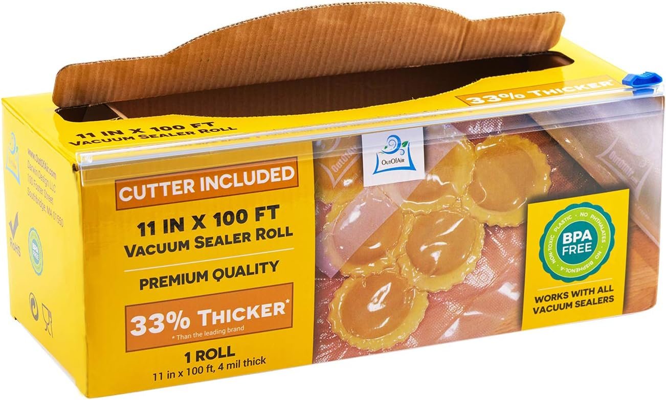 OutOfAir 11 inch by 100 foot vacuum sealer roll in a dispenser cutter box
