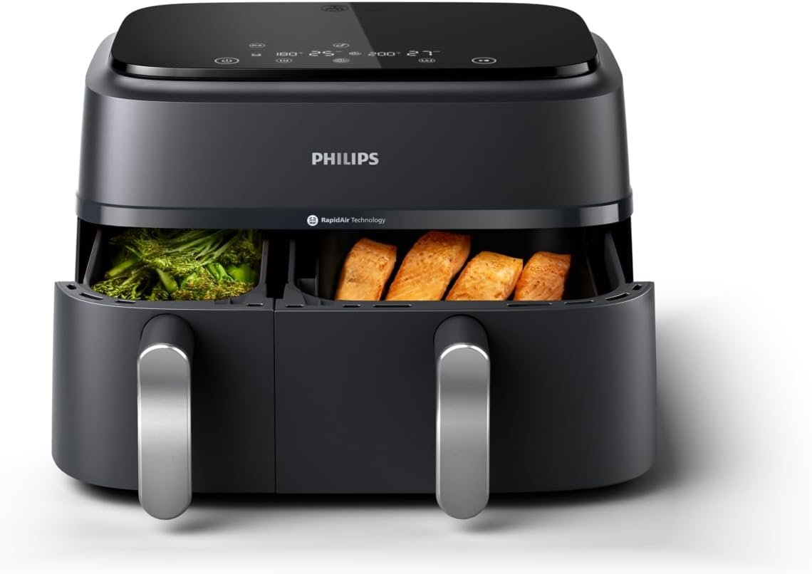 Philips 3000 Series NA351 black dual basket air fryer with one large and one small drawer
