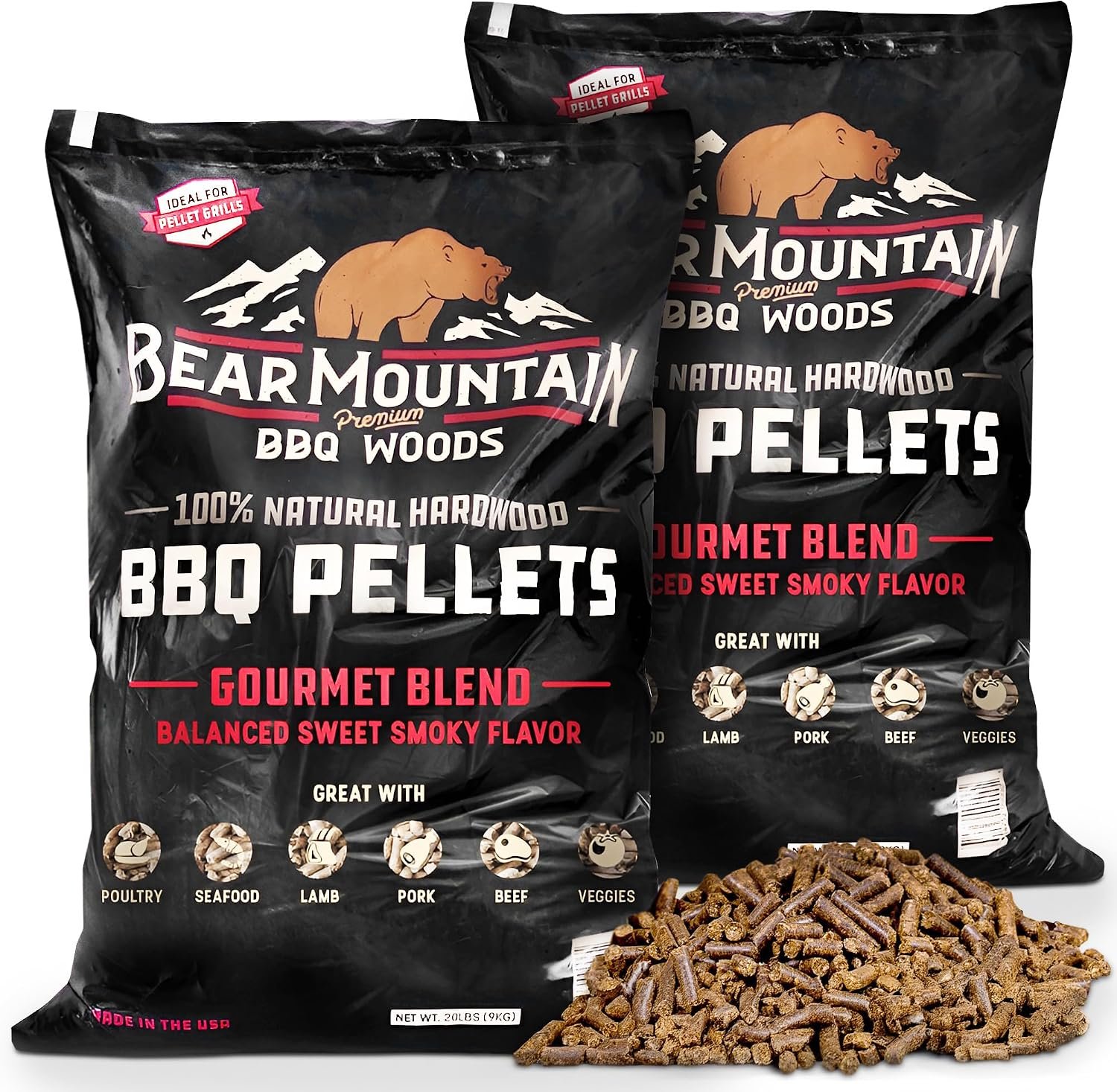 Two bags of Bear Mountain BBQ hardwood smoker pellets