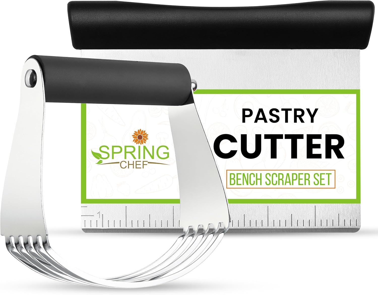 Spring Chef stainless steel dough blender and bench scraper set with black handles