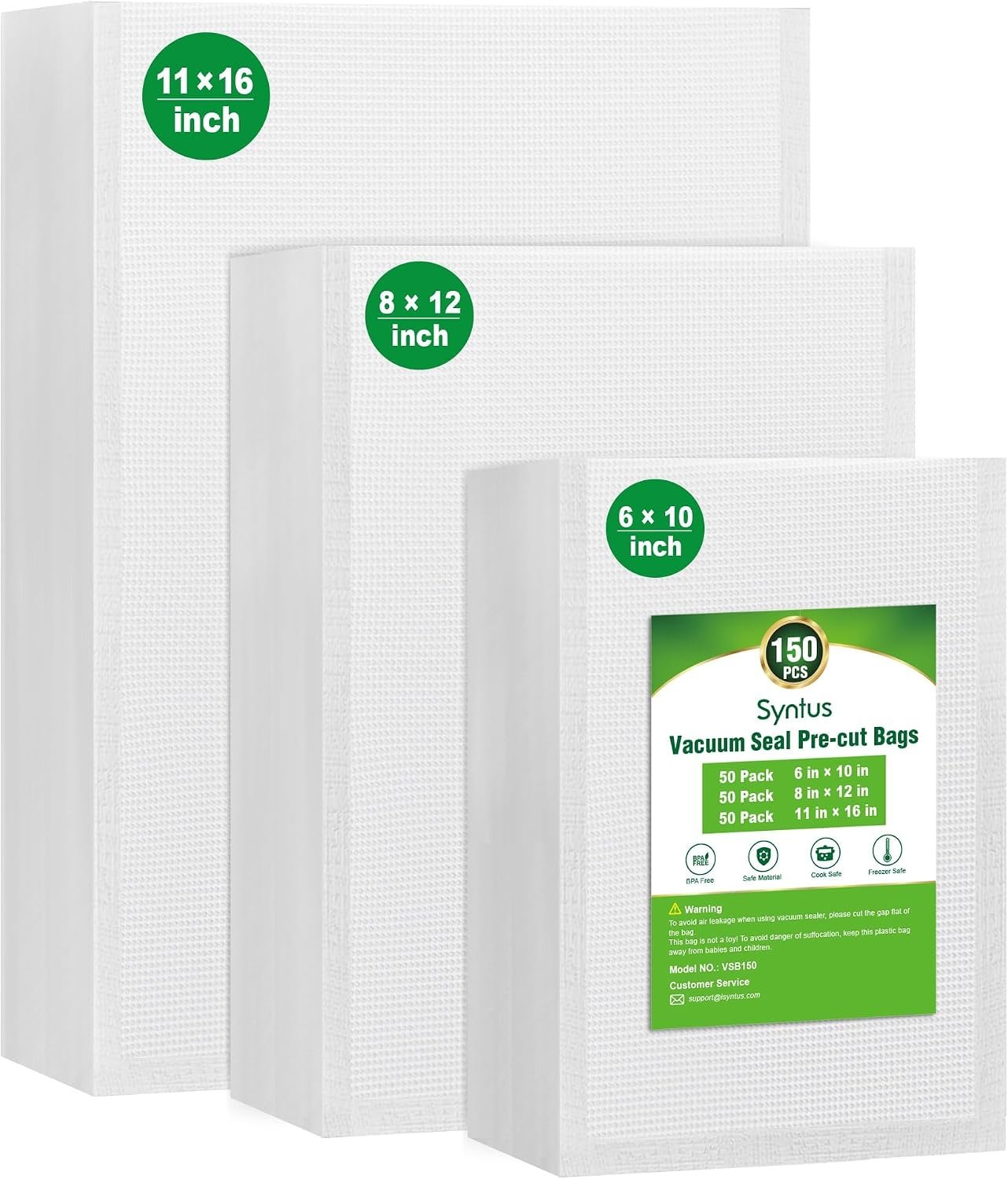 Syntus pre-cut vacuum sealer bags in pint, quart and gallon sizes