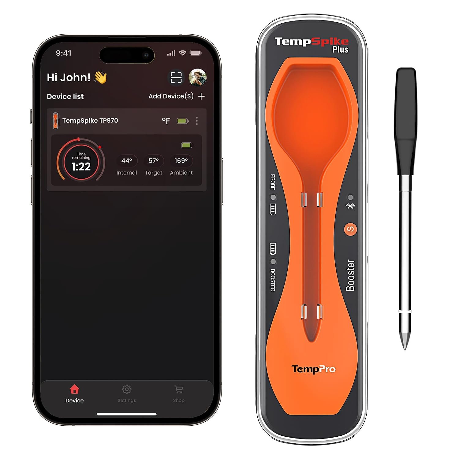 TempPro TempSpike wireless meat thermometer probe and booster