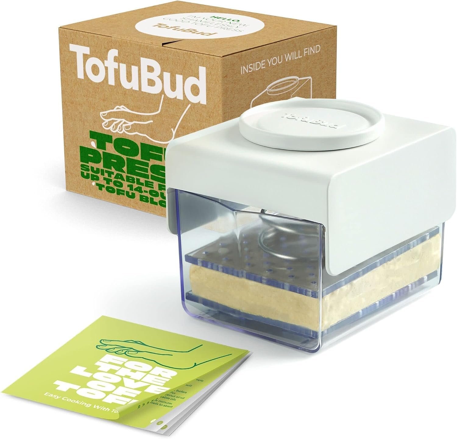 TofuBud tofu press with a clear water drainer and spring lid