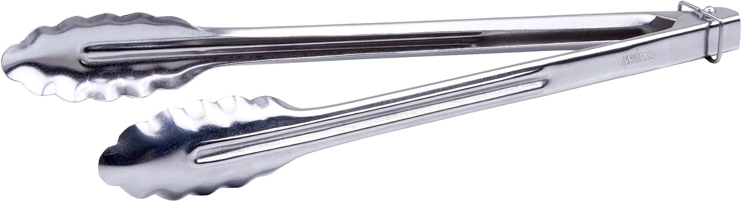 Winco twelve inch heavy duty stainless steel utility tongs with scalloped edges and locking clip