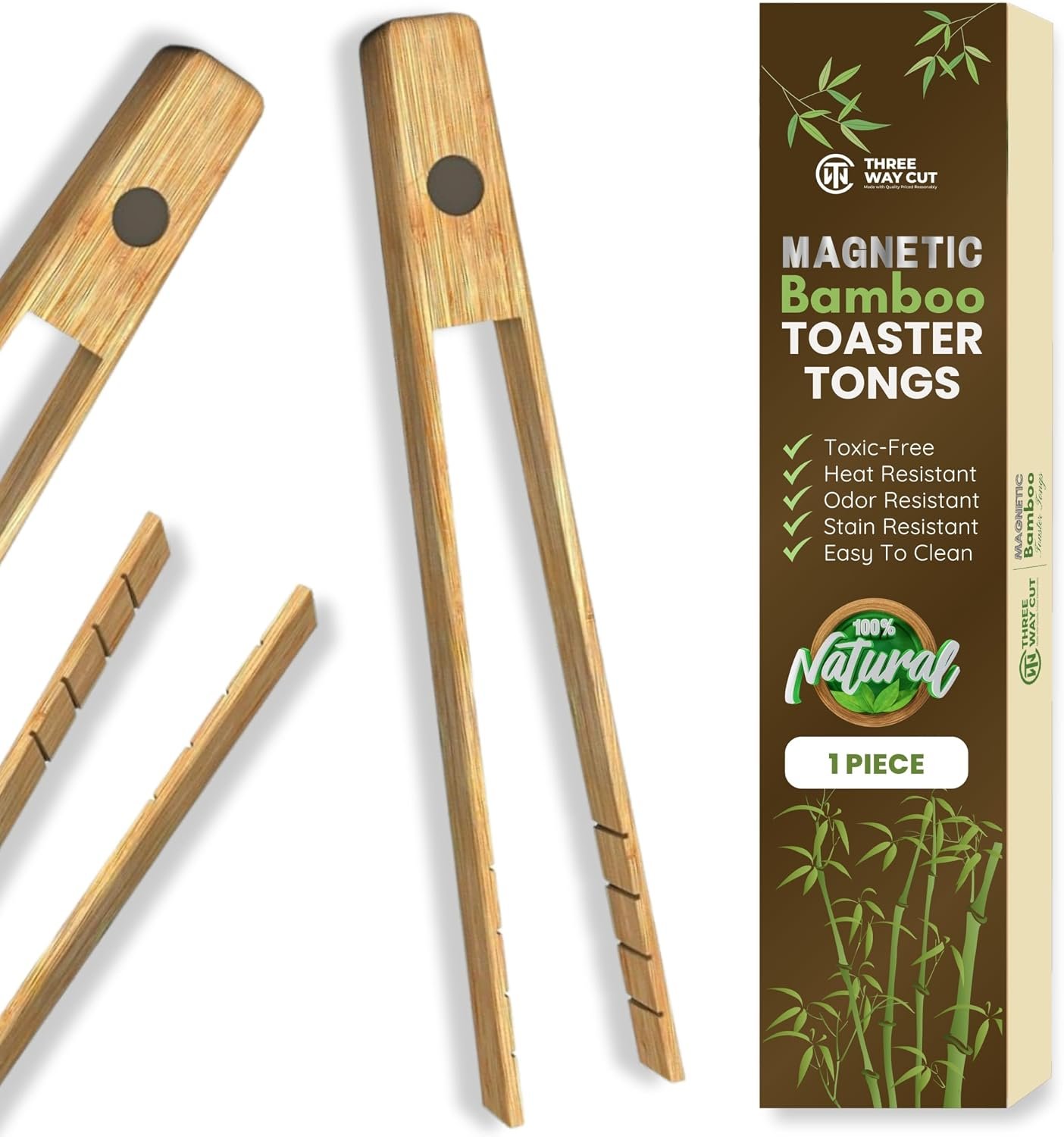 Pair of wooden toaster tongs with a magnet in the handle, for lifting toast out of a toaster