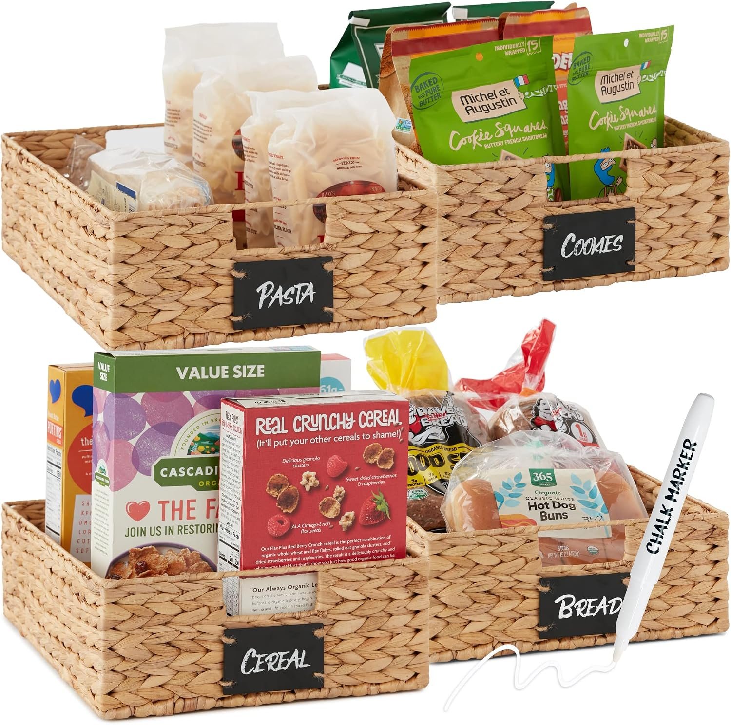 Set of woven storage baskets with handles and chalkboard label tags