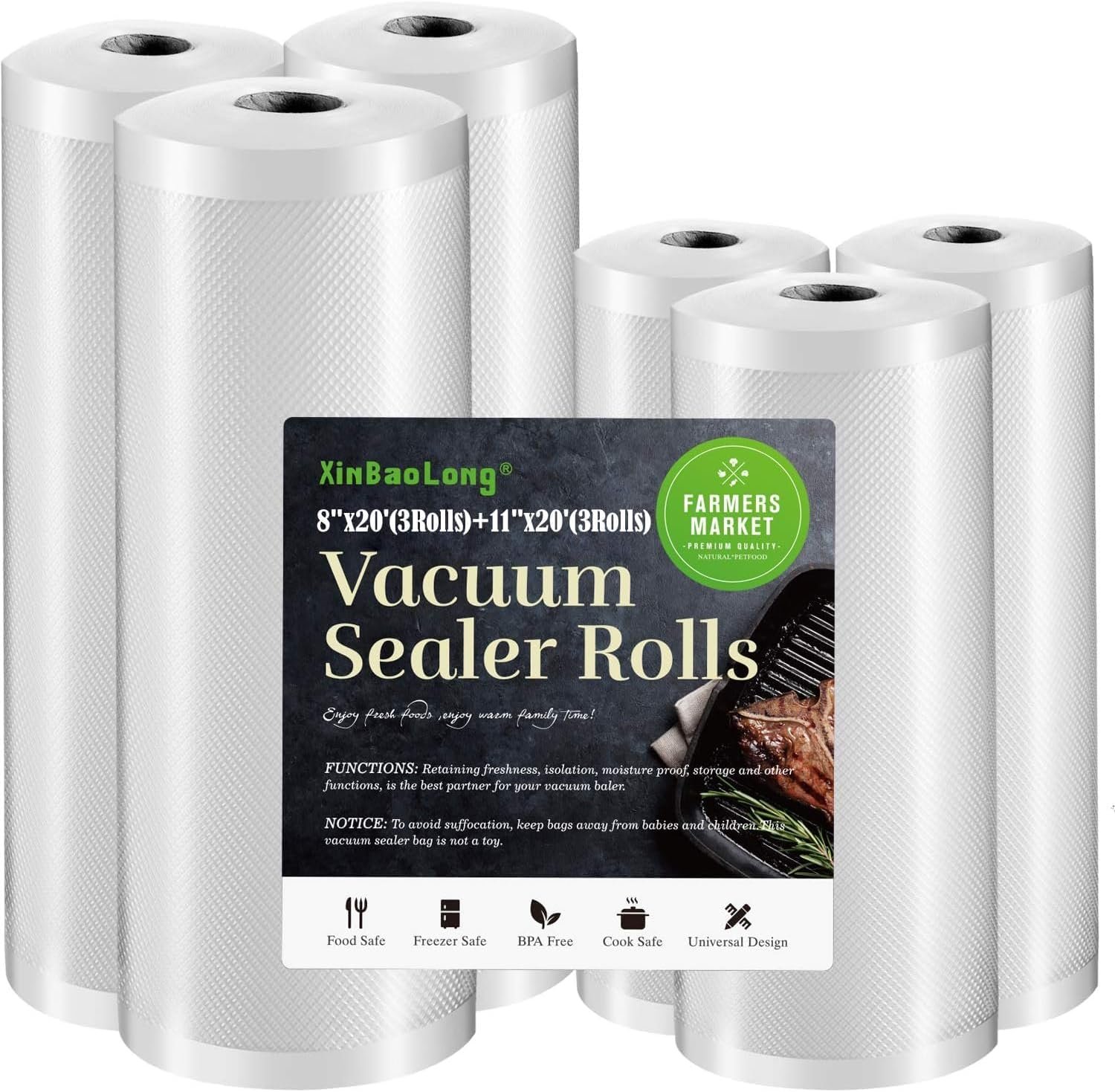 Xinbaolong six pack of vacuum sealer bag rolls in two widths