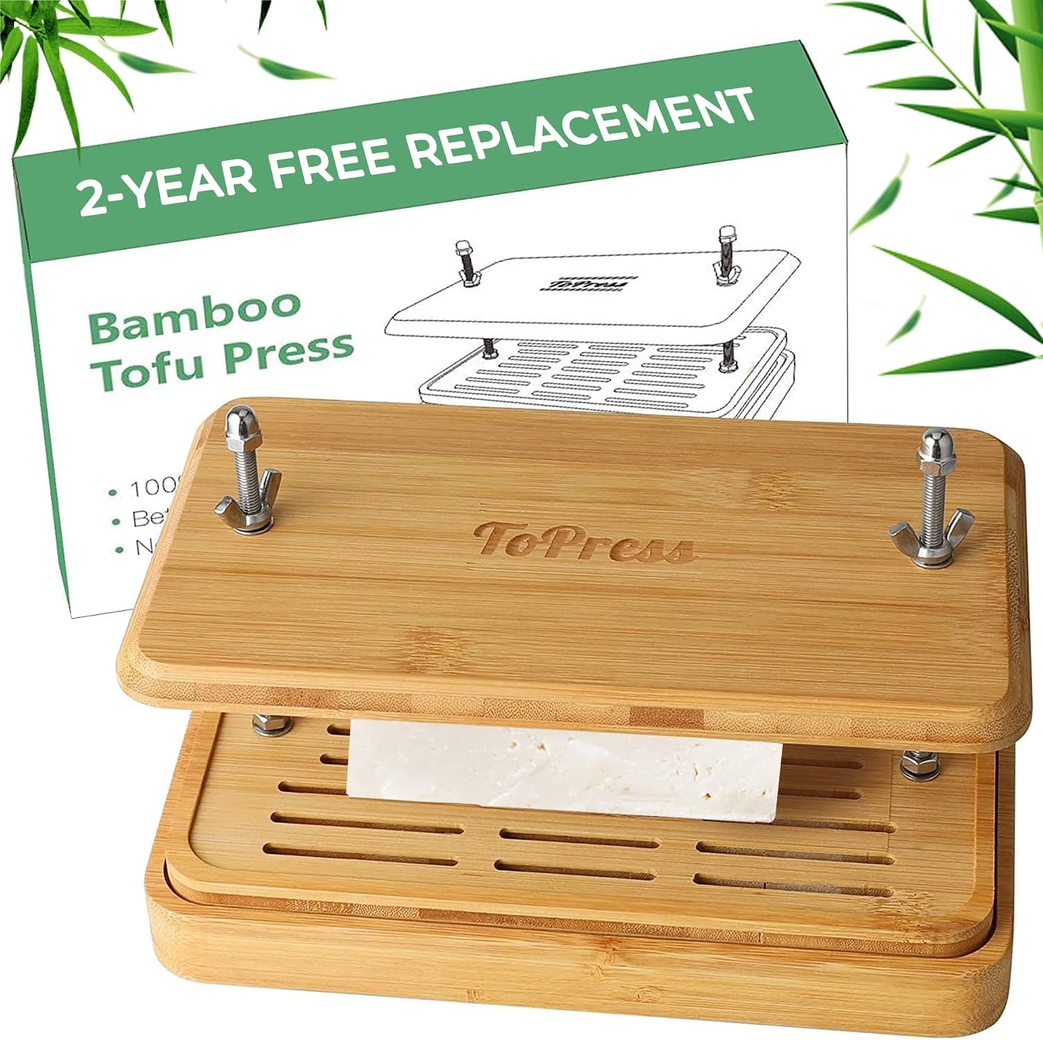 YARKOR bamboo tofu press with stainless steel screws and drip tray